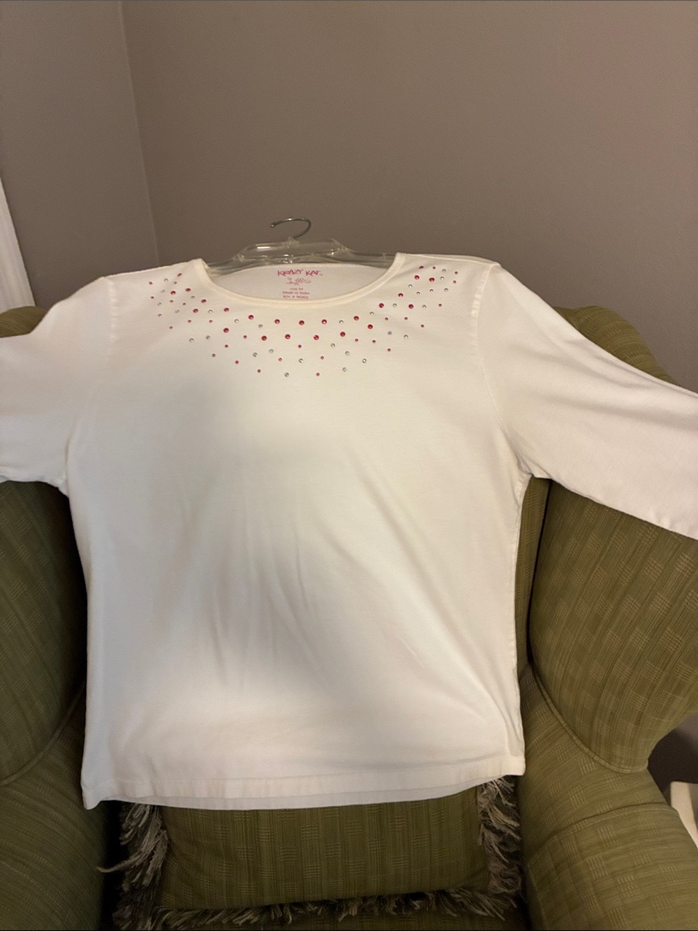 krazy kat Cream Long-Sleeve Crewneck Top with Pink & Silver Studs